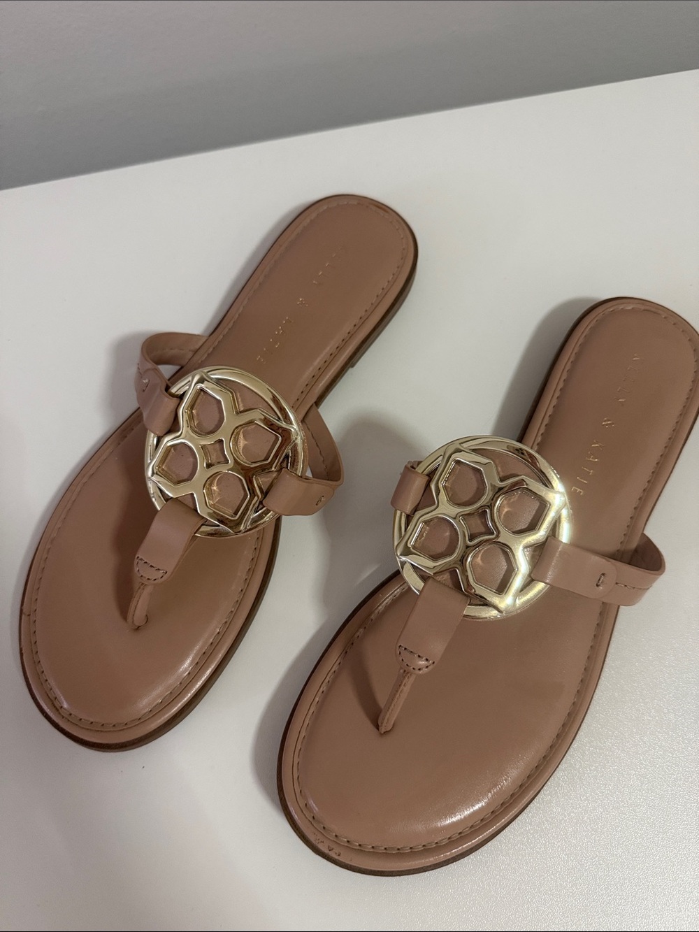 Kelly & Katie Nude Leather Logo Thong Sandals